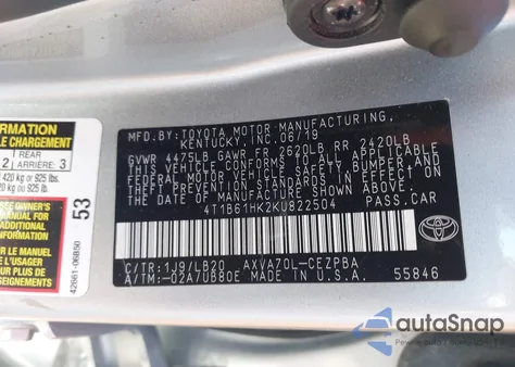 2019 Toyota Camry Xse из США, поврежденный, VIN 4T1B61HK2KU822504